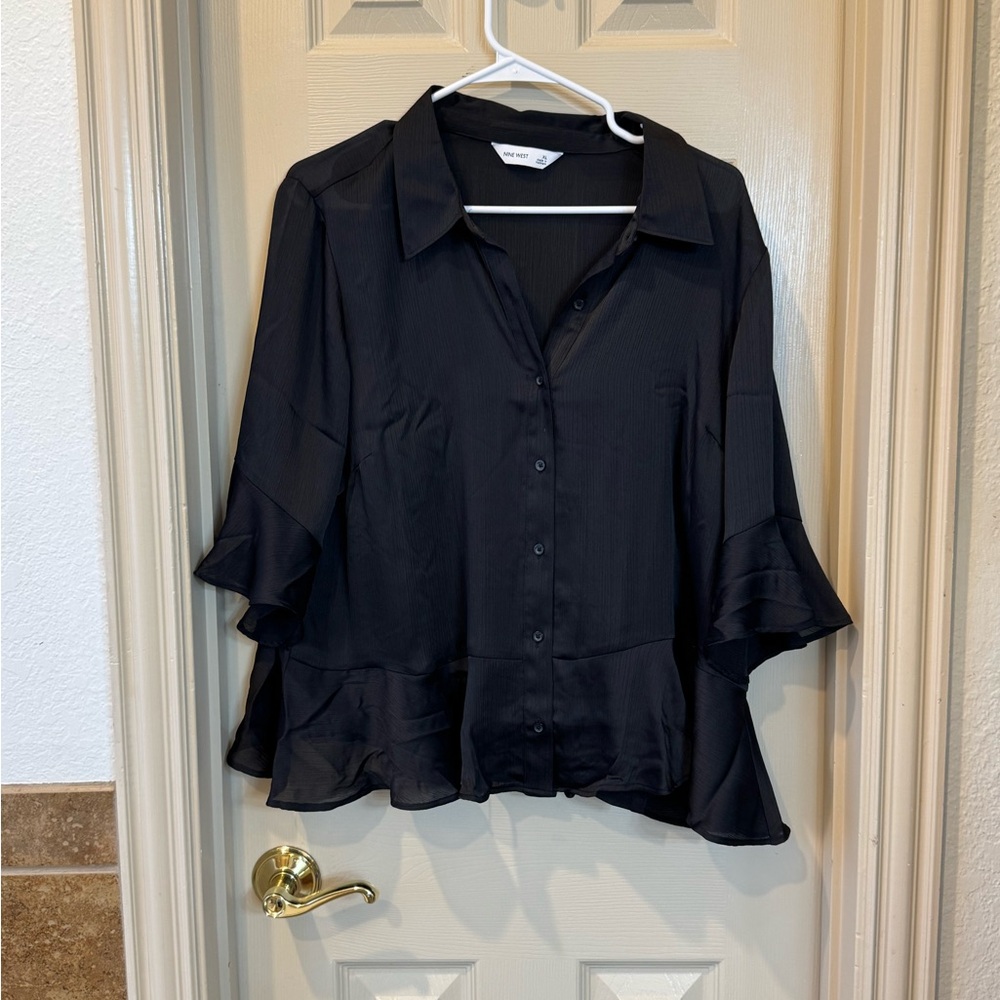 Nine West Black Ruffled Notched Collar Blouse